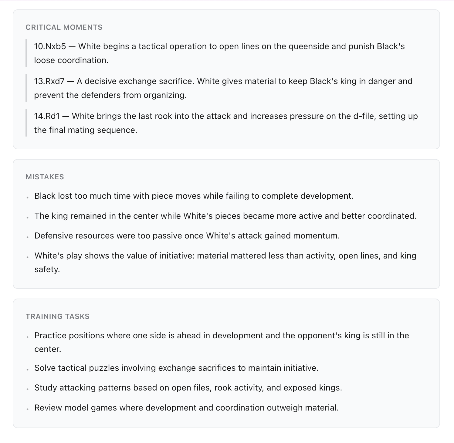Kibitz — Analysis output — summary, critical moments with coach-style commentary, and targeted training tasks