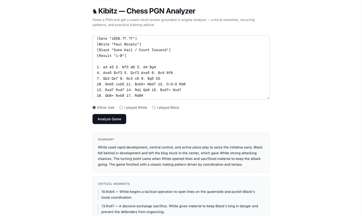Kibitz — Chess PGN Analyzer interface