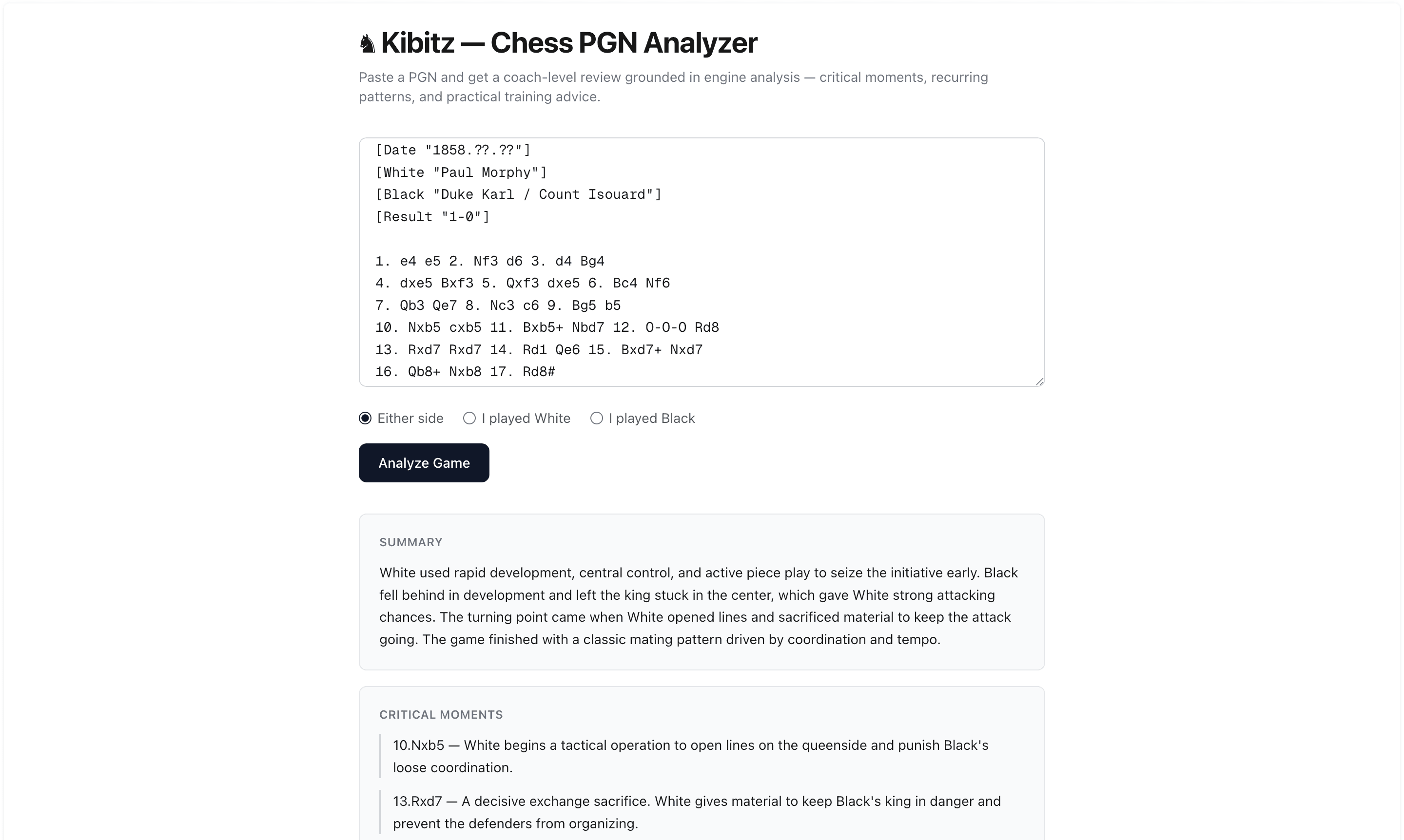 Kibitz — Chess PGN Analyzer — main interface