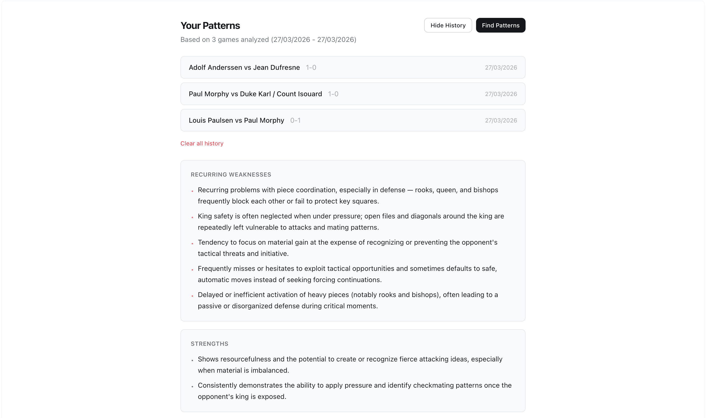 Kibitz — Your patterns — recurring weaknesses and strengths across games