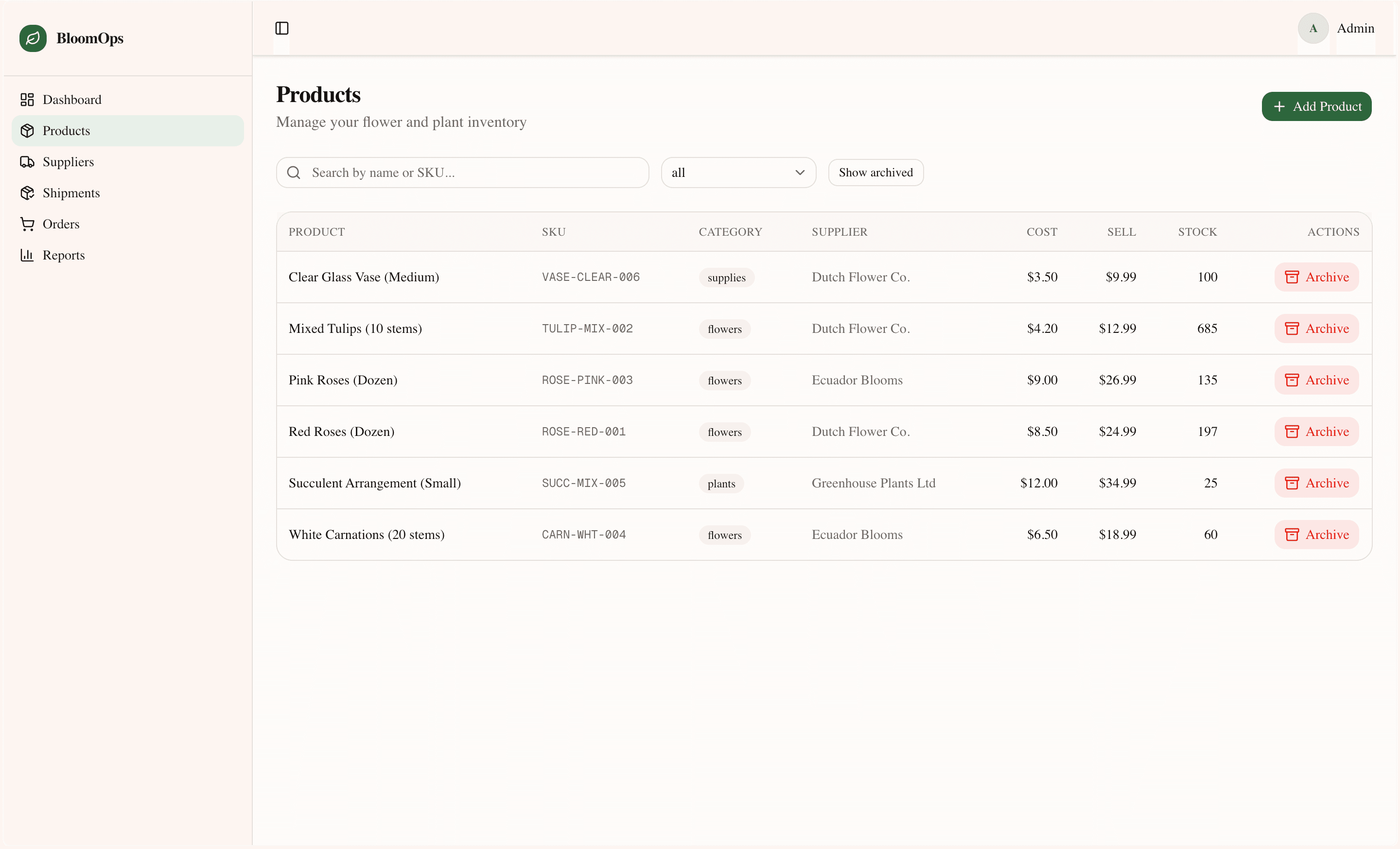 BloomOps — Product inventory